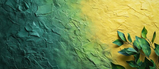 Aufkleber - Textured green and yellow Japanese paper with leafy accents positioned at the bottom right corner creating a harmonious and natural scene