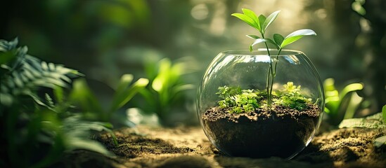 Poster - Sustainable plant growth in a glass terrarium showcases a small green sprout in rich soil surrounded by natural greenery and soft sunlight.