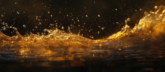 Fototapete - Vibrant gold droplets splashing in dark water creating dynamic ripples with contrasting warm hues against a deep shadowy backdrop