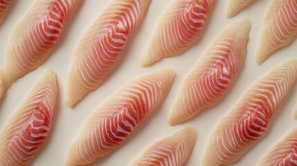 Wall Mural - Close-up of fish fillets laid on a neutral background with clear space for logo or branding placement.