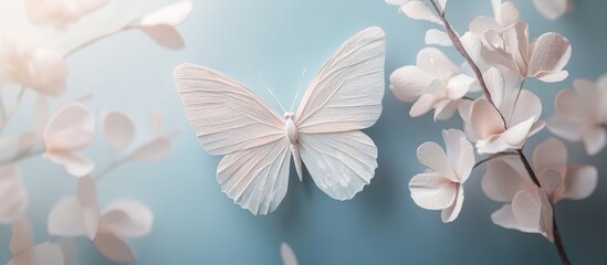 Leinwandbilder - Elegant white paper butterfly on a soft blue background, surrounded by delicate pastel flowers, creating a serene and uplifting greeting card design.