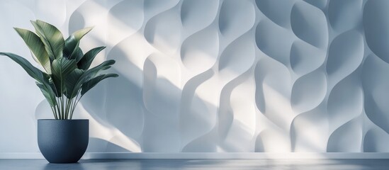 Leinwandbilder - Glossy white 3D decorative wall panel with wave texture in a modern interior, subtle lighting and green plant in a gray pot on the left side.