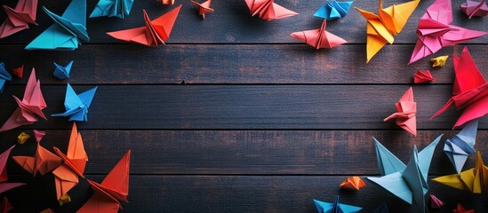 Aufkleber - Colorful origami cranes in shades of blue, red, and orange scattered on a dark wooden background with ample copy space in the center.