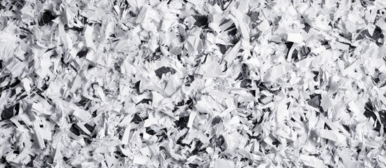 Fototapete - Background texture of shredded white recycled office paper in a piled arrangement showcasing various shades of white and grey in an intricate pattern.
