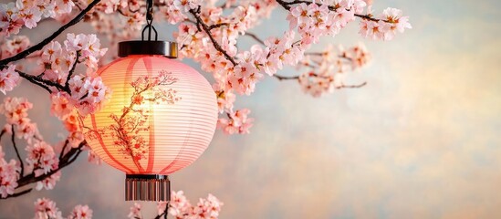 Aufkleber - Cherry blossom branches frame a lantern glowing softly against a pastel background, creating a serene and romantic atmosphere. Pink and warm tones dominate.