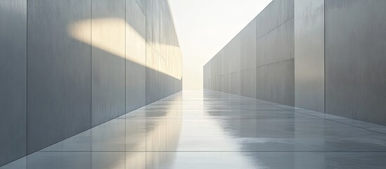 Poster - Modern minimalistic corridor with smooth reflective surfaces, soft gray tones, and bright light emanating from the end, creating depth and tranquility.