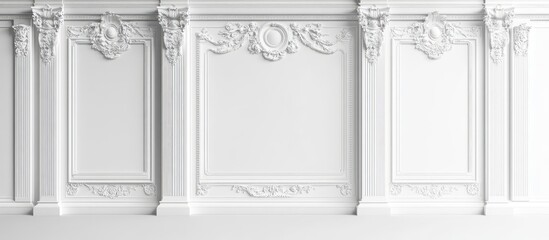 Poster - Ornate white wall paneling with intricate details and a minimal design creating a refined elegant backdrop for artwork display or framing purposes.