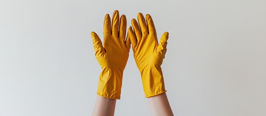 Yellow safety gloves held upright against a clean white background highlighting the importance of protective gear in engineering and safety practices