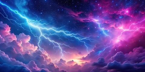 Wall Mural - Vibrant pink and blue lightning illuminated evening sky with swirling clouds and stars in a seamless loop , #starryNight, #lightningSky