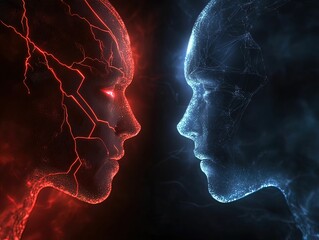 A striking digital artwork depicting two human-like figures, one glowing red and the other blue, facing each other with intricate patterns and ethereal lighting.