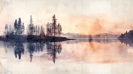 Wall Mural - A serene watercolor landscape featuring silhouetted trees reflecting on calm waters at sunset, with warm hues blending softly in the sky.