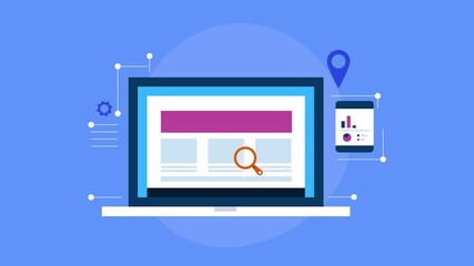Website on computer screen with magnifier analysing performance data, display report on mobile app screen, SEO concept.