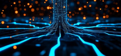 Digital network tree, glowing lights, abstract background, tech concept