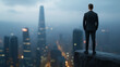 © generAte Ideas - businessman standing on cliff edge, gazing at city skyline at dusk, symbolizing ambition and opportunity