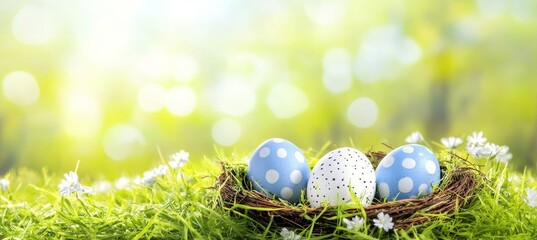 Canvas Print - Nest with Blue Dotted Easter Eggs in Lush Green Grass, Bright Sunny Spring Day Background