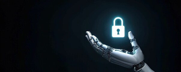 Robotic hand securing encrypted file digital space cybersecurity futuristic environment close-up view technology concept
