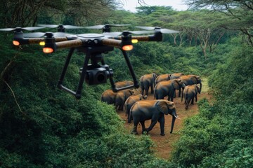 aerial drone observes elephant herd in dense green forest, showcasing wildlife conservation technolo