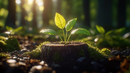 Wall Mural - Young sprout emerging from forest stump, sunrise glow