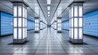 © heinng - Brightly lit subway corridor powerfully stretches into distance showing clean lines and cool blue tones. AI Generated