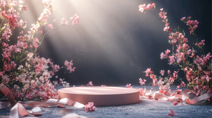 Poster - Round empty podium on a soft pastel background, surrounded by delicate flowers, perfect for Mother’s Day, Women's day, March 8,Easter promotions.. Podium for product presentation and demonstration.