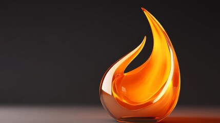 Elegant glass sculpture with flame-like design in vibrant orange against a dark background