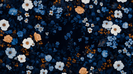 Wall Mural - midnight bloom: a captivating floral pattern in shades of navy blue, white, and burnt orange. delica