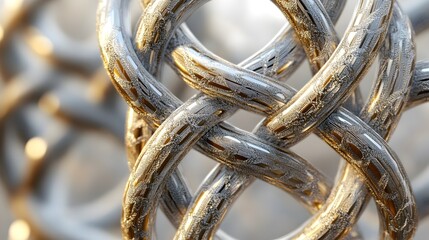 Abstract interlocked metallic tubes with intricate surface details