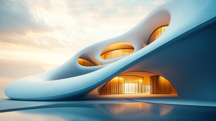 Wall Mural - Fluid White Architecture Sunset Glow. AI Generated