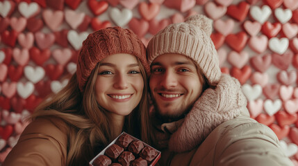 Wall Mural - A romantic photo booth setup with Valentine’s Day props and a couple posing