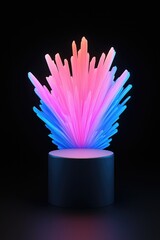 Wall Mural - Glowing neon pink and blue crystals on dark pedestal.