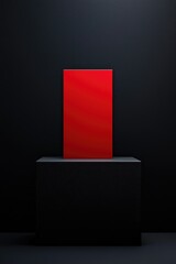 Wall Mural - red square on black pedestal against dark background; minimalist, modern product display.