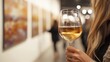 © Nawarit - Gallery event, close-up of hands holding a glass of wine in an art gallery setting