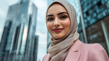 A woman wearing a hijab, a burgundy blazer, and a beige scarf is smiling at the camera
