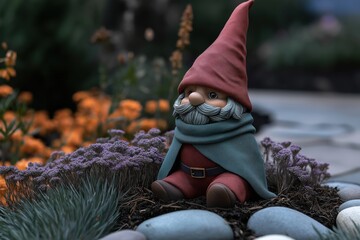 A delightful garden gnome with a red hat and green cloak rests near colorful flowers, adding a whimsical touch to the serene landscape