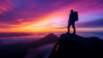 Canvas Print - Hiker sunset mountaintop view cloudscape