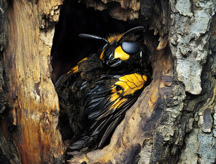 A macro shot of an Asian giant hornet, its detailed black and yellow body glistening in the sunlight as it peacefully rests on wood textures inside its nest. Documentary photography, National 