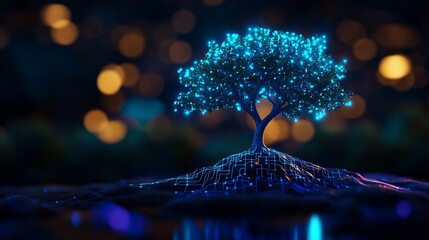 Glowing digital tree, night, network roots, bokeh background, tech concept