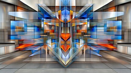 Wall Mural - Abstract Geometric Artwork Vivid Blues Oranges Symmetrical Design Sharp Angles Modern. AI Generated