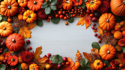 Wall Mural - thanksgiving autumn background with pumpkins leaves flowers and berries on wooden background