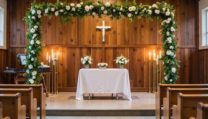 Wall Mural - Chapel altar decorated with flowers in a wooden setting