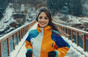 Canvas Print - A happy woman in sportswear is running on the bridge, with snowy weather outside. She has headphones on