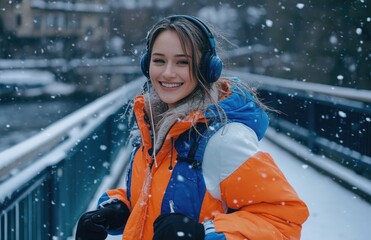 Canvas Print - A happy woman in sportswear is running on the bridge, with snowy weather outside. She has headphones on