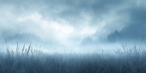 Poster - Minimalistic Misty Meadow with Gentle Grasses A Soft Textured Background in Pastel Grey Tones