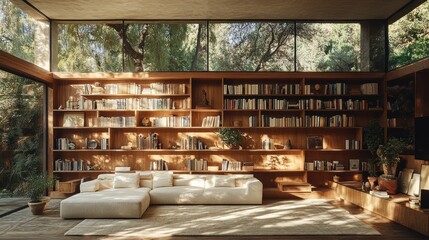 Wall Mural - Modern library lounge sunlight forest view home