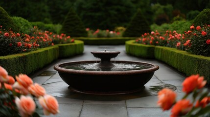 A serene spring garden with a decorative fountain at the center, surrounded by blooming roses and neatly trimmed hedges, creating an elegant and peaceful atmosphere