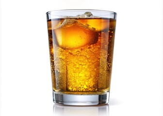 Glass of Sparkling energy drink with Bubbles isolated on white background-A close-up of a sparkling, effervescent drink in a clear glass, showcasing bubbles rising inside.