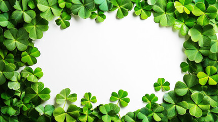 Vibrant green clover leaves framing a white clean background. St. Patrick’s Day. Copy space. Generative AI