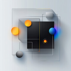 Wall Mural - black square with four orange and blue spheres in it. minimalistic background.