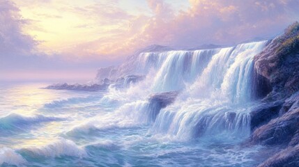 Canvas Print - Serene Waterfall Cascading into Ocean at Sunset