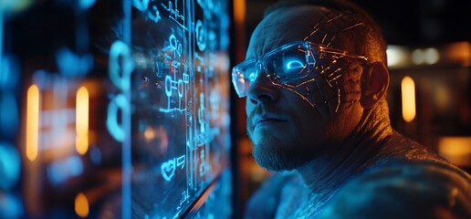 Futuristic man reviews data screen, neon city background. Tech concept